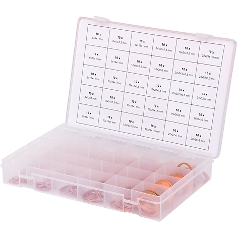 Transparente Kunststoffbox mit Kupferscheiben und Beschriftung: Größenangaben auf Deckel.